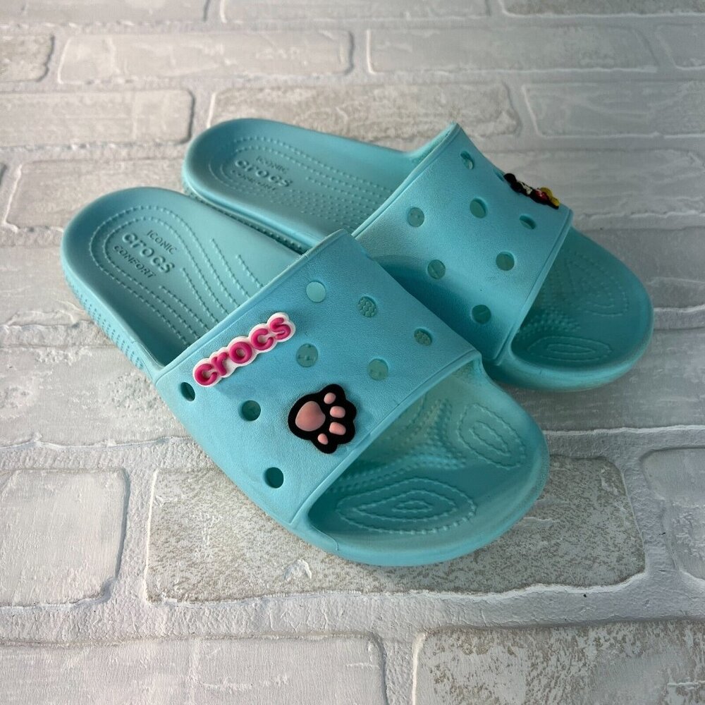 Crocs Classic Men 5 Women 7 Blue Green Strap Slide Unisex Iconic Sandals‎ Charms - Picture 2 of 14